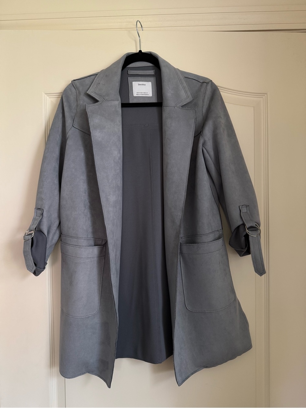 Bershka Light Gray Suede-Textured Trench Coat